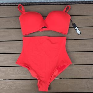 TA3 Red Wireless Swim F/G Bra & High Waist Cheeky Bikini Bottom Size L New